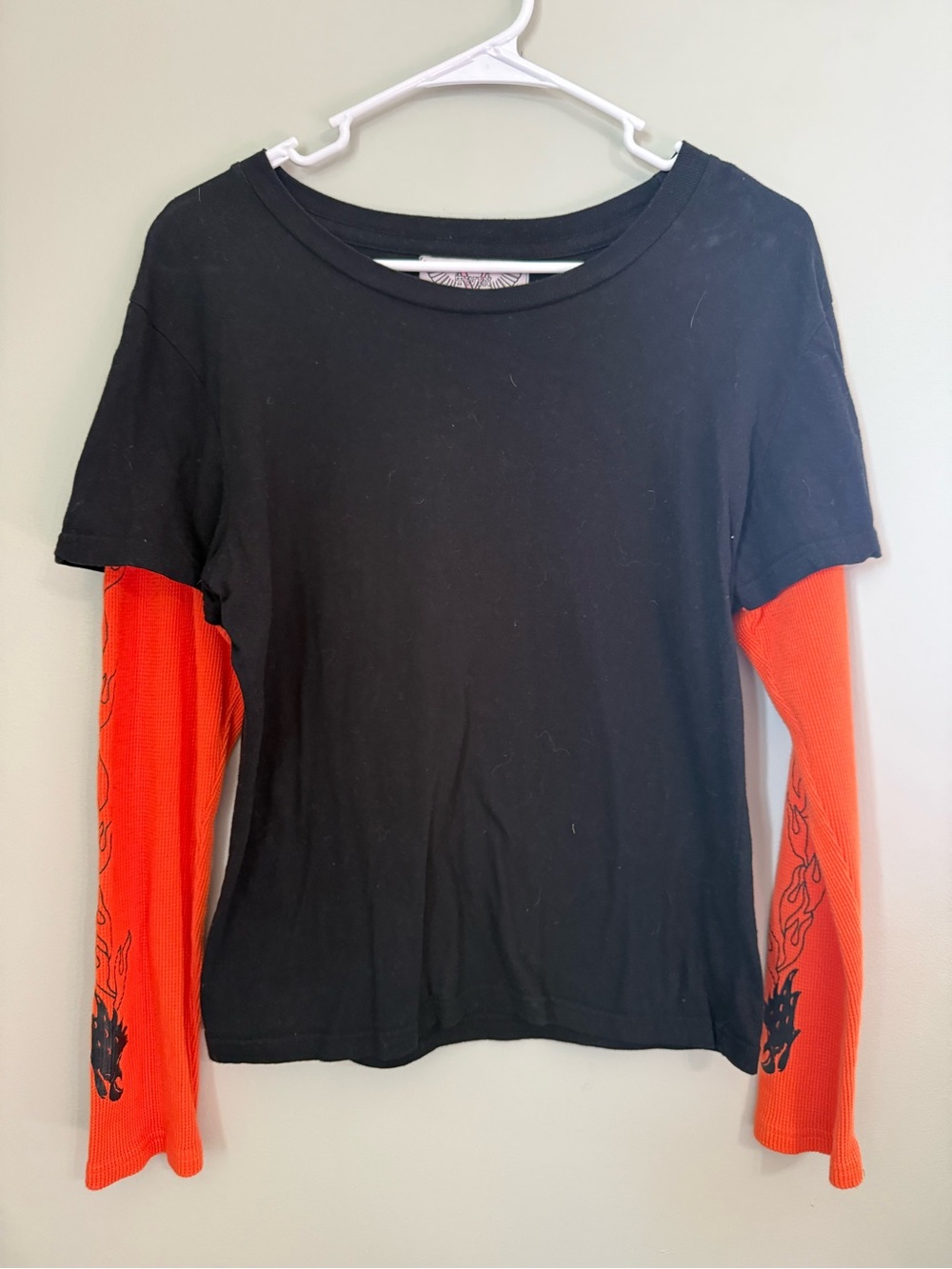 Women's Black Layered Tee with Orange Flame Sleeves